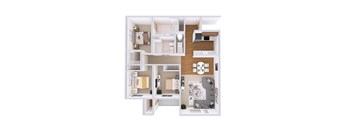 A 3D floor plan of a house with a kitchen, living room, and bathroom.