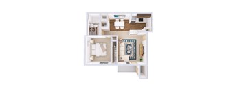 A top-down view of a small apartment with a kitchen, living room, and bathroom.