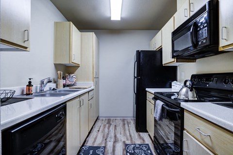 a kitchen with a stove refrigerator and sink