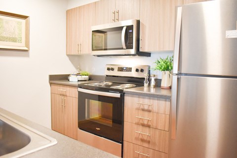 a kitchen with stainless steel appliances and wooden cabinets