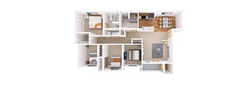 A 3D floor plan of a house showing a kitchen, living room, and bedrooms.