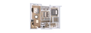 A 3D floor plan of a small apartment with a kitchen, living room, and bathroom.