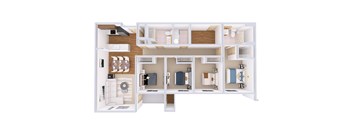 A white model of a house with various rooms and furniture.