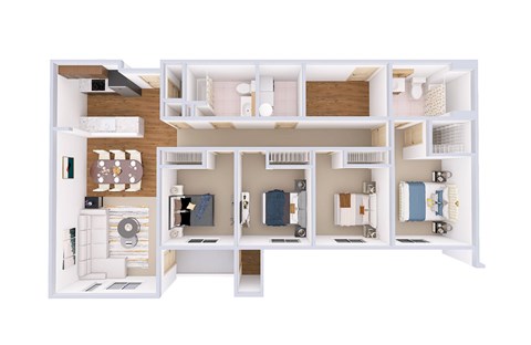 A white model of a house with various rooms and furniture.