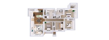 A white 3D model of a house with various rooms and furniture.