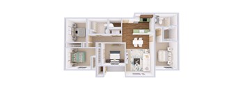 A white floor plan of a house with furniture and appliances.