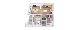 A white model of a house with a living room, kitchen, and bedrooms.