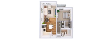 A top-down view of a small apartment with a kitchen, living room, and bathroom.