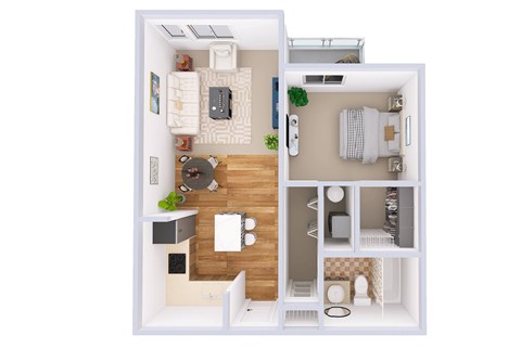 A top-down view of a small apartment with a kitchen, living room, and bathroom.