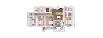 A 3D floor plan of a house with a kitchen, living room, and bathroom.