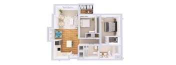 A 3D floor plan of a small apartment with a kitchen, living room, and bedroom.