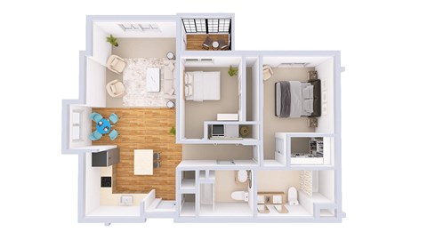 A 3D floor plan of a small apartment with a kitchen, living room, and bedroom.