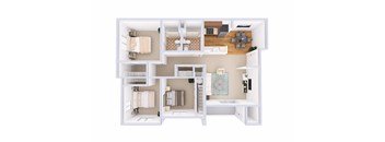 A white model of a house with a kitchen, living room, and bathroom.