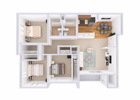 A white model of a house with a kitchen, living room, and bathroom.