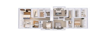 A white dollhouse with various rooms and furniture.