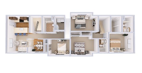A white dollhouse with various rooms and furniture.