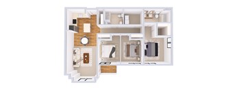 A 3D floor plan of a house with a kitchen, living room, and bathroom.