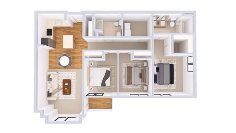 A 3D floor plan of a house with a kitchen, living room, and bathroom.