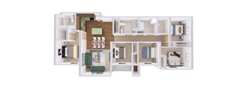 A 3D floor plan of a house with a kitchen, living room, and bedrooms.