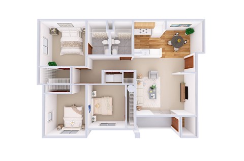 A dollhouse with a kitchen, living room, and bedroom.