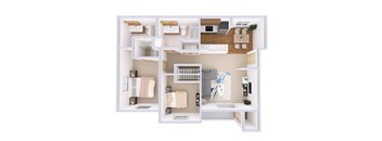 A top-down view of a small apartment with a kitchen, living room, and bathroom.