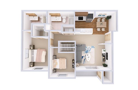 A top-down view of a small apartment with a kitchen, living room, and bathroom.