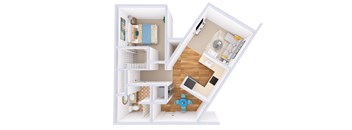 A 3D floor plan of a small apartment with a kitchen, living room, and bathroom.