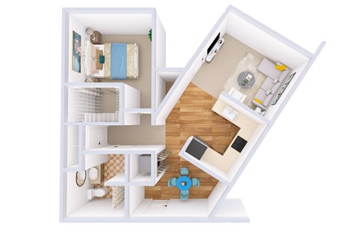 A 3D floor plan of a small apartment with a kitchen, living room, and bathroom.