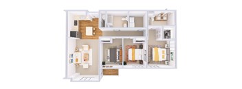 A 3D floor plan of a house with a kitchen, living room, and bathroom.