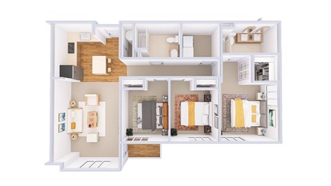 A 3D floor plan of a house with a kitchen, living room, and bathroom.