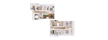 A floor plan of a two-story apartment with a living room, kitchen, and bedrooms.