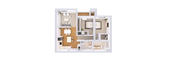 A white 3D floor plan of a small apartment with a kitchen, living room, and bedroom.