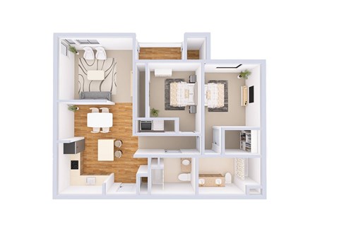 A white 3D floor plan of a small apartment with a kitchen, living room, and bedroom.