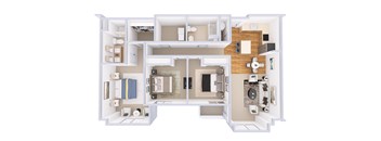 A top-down view of a house layout with a kitchen, living room, and bathroom.
