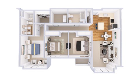 A top-down view of a house layout with a kitchen, living room, and bathroom.
