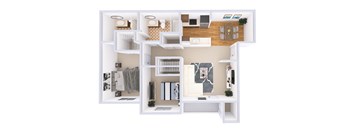 A white dollhouse with a kitchen, living room, and bedroom.