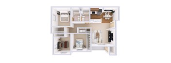 A white model of a house with various rooms and furniture.