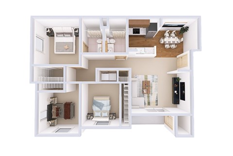 A white model of a house with various rooms and furniture.