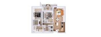 A 3D floor plan of a small apartment with a kitchen, living room, and bathroom.