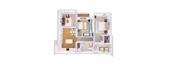 A white floor plan of a house with a kitchen, living room, and bedrooms.