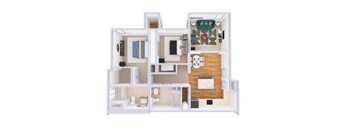 A 3D rendered image of a house layout.