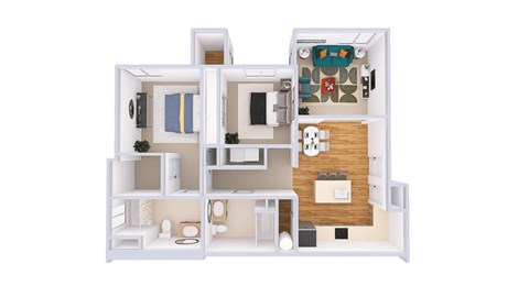 A 3D rendered image of a house layout.