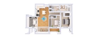 A 3D floor plan of a house with a central courtyard.