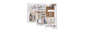 A white floor plan of a small apartment with a kitchen, living room, and bathroom.