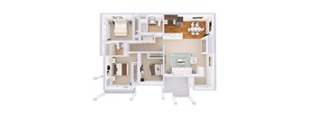 A 3D floor plan of a small apartment with a kitchen, living room, and bathroom.
