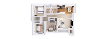 A white floor plan of a house with a kitchen, living room, and bedrooms.