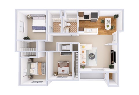 A white floor plan of a house with a kitchen, living room, and bedrooms.