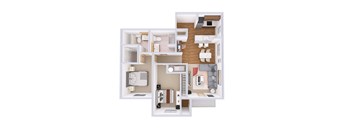 A floor plan of a house with a kitchen, living room, and two bedrooms.