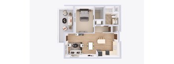 A top-down view of a small apartment with a kitchen, living room, and bedroom.