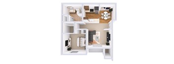 A top-down view of a small apartment with a kitchen, living room, and bedroom.